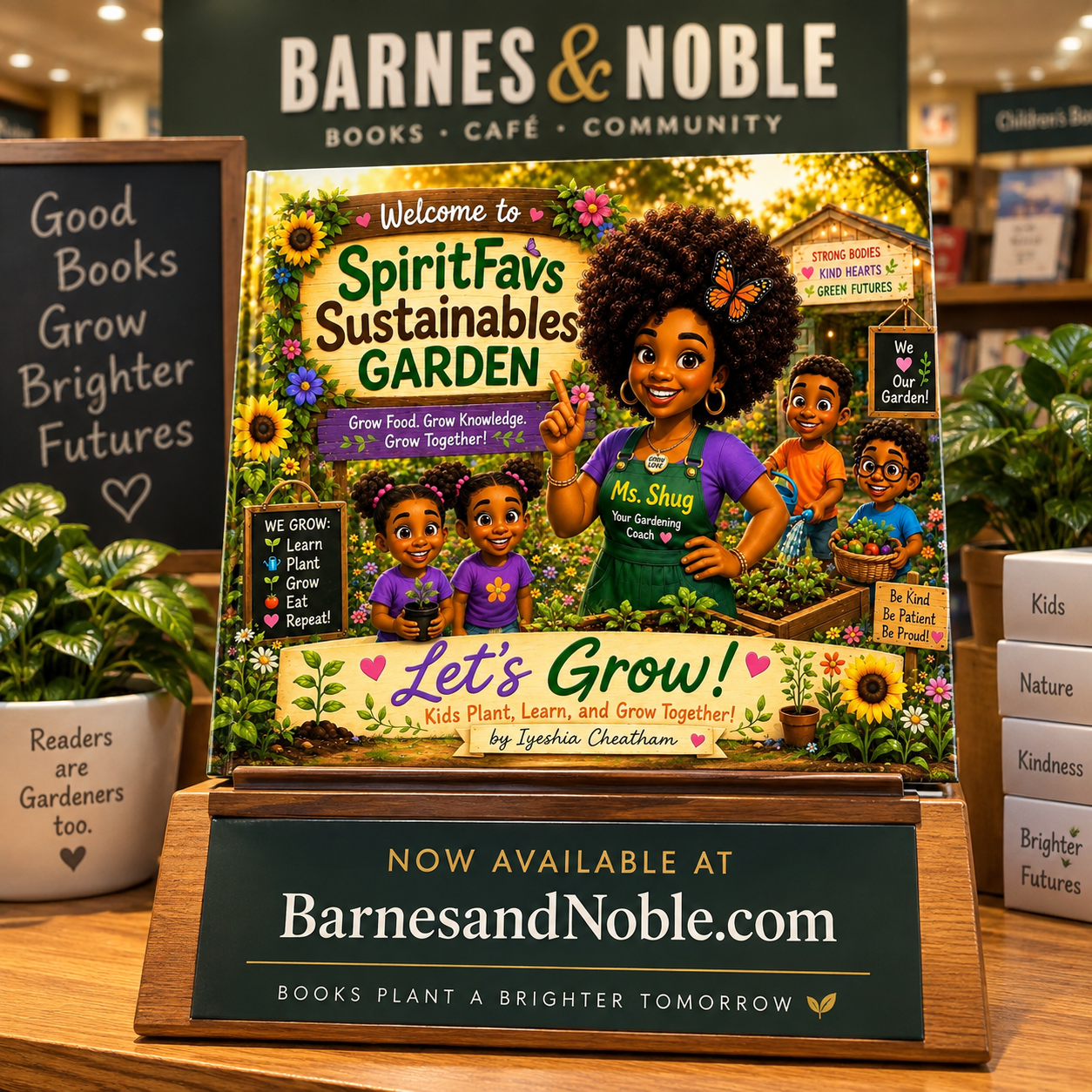 Saved LET’S GROW! promotional artwork featuring Ms. Shug and children gardening